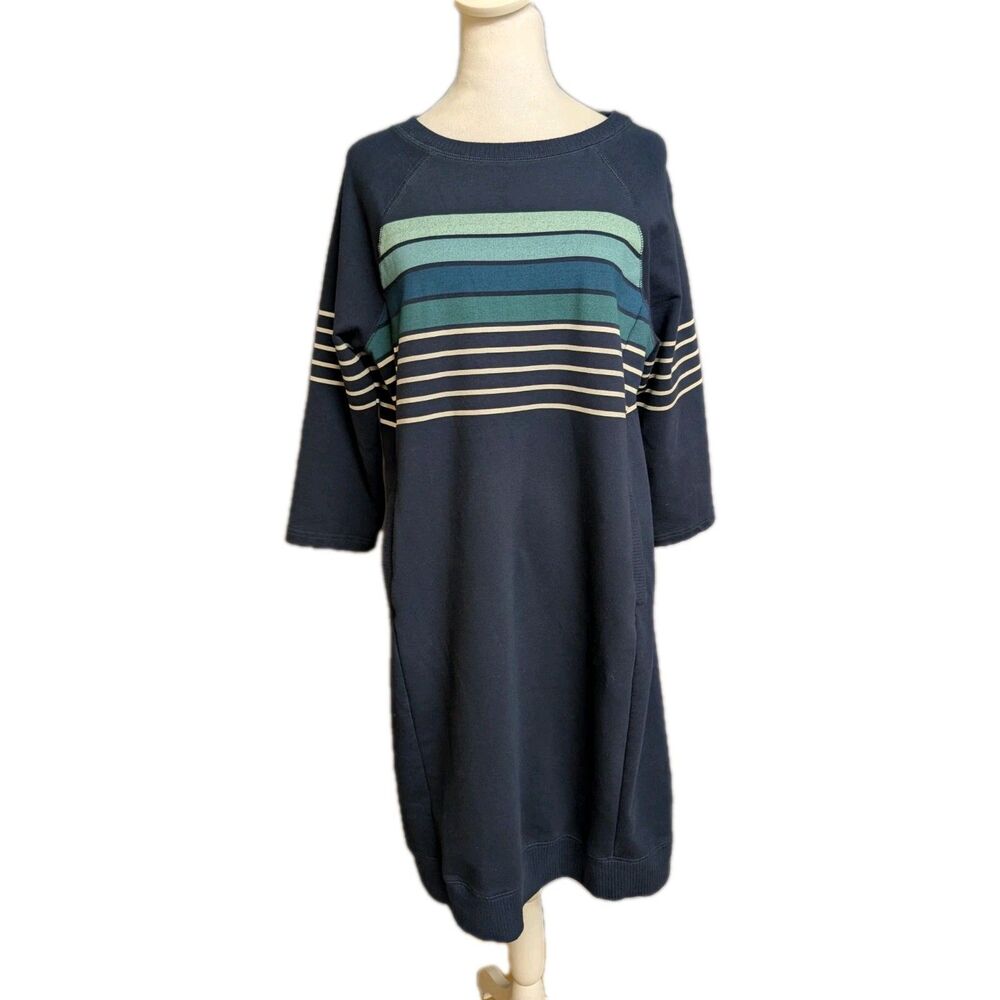 L.L. Bean Striped Knit Sweater Dress Sz M Navy Cotton Pockets Crew 3/4 Nautical